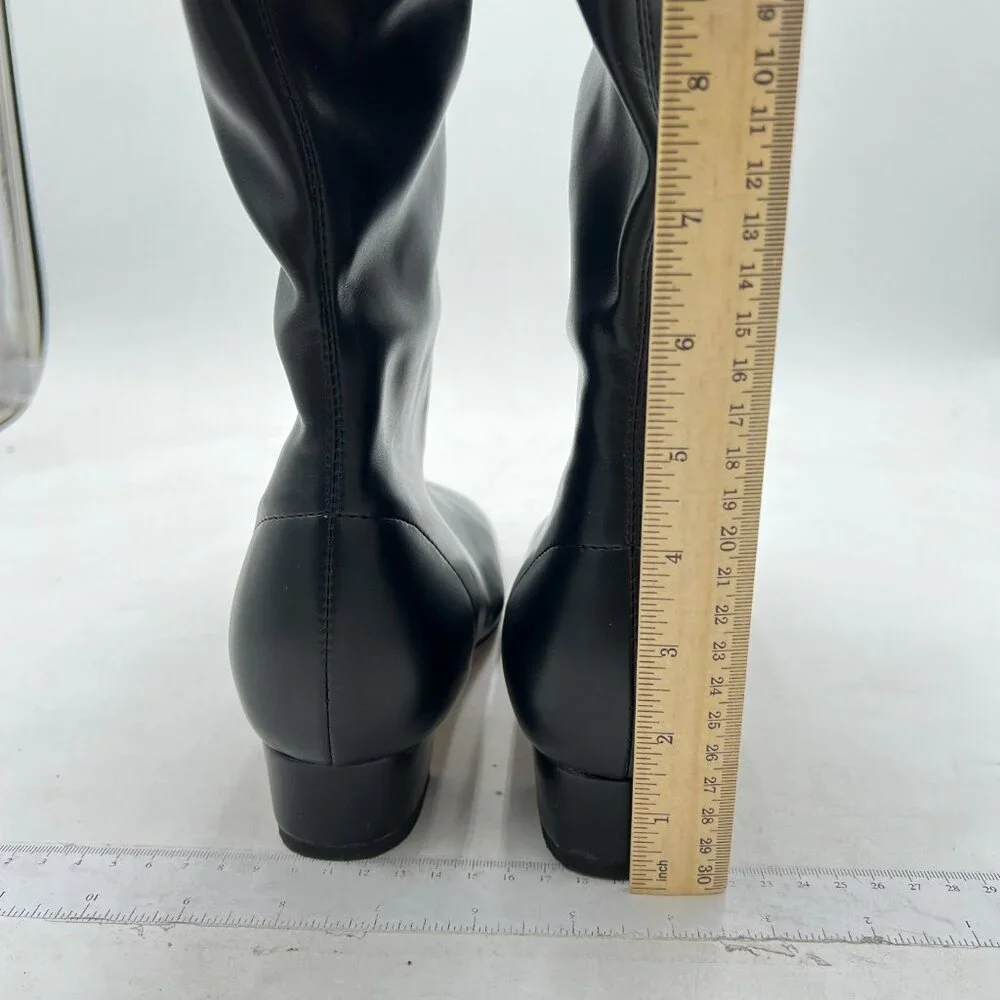 Black Women Stylish Square Toe Block Low Heel Side Zipper Knee High Riding Boots